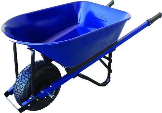 Durable 100L steel tray wheelbarrow with blue handles, heavy-duty construction, and pneumatic wheel for easy transport of materials.