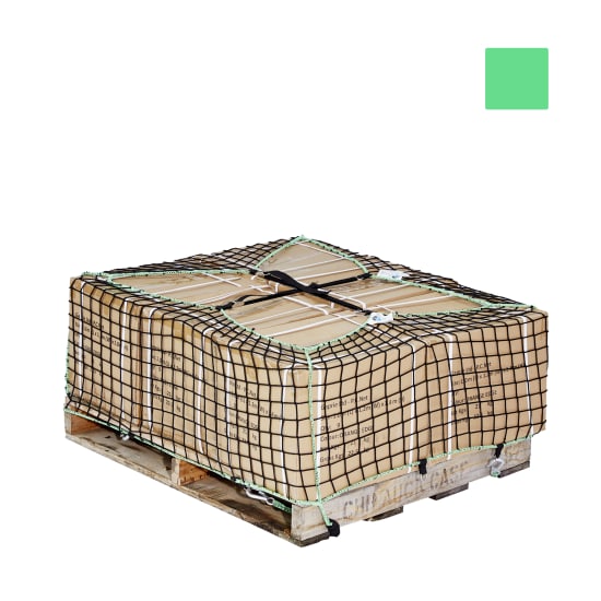 Green pallet stock containment nets (1.0 x 1.2 x 0.5m) for eco-friendly storage and spill prevention during transport.