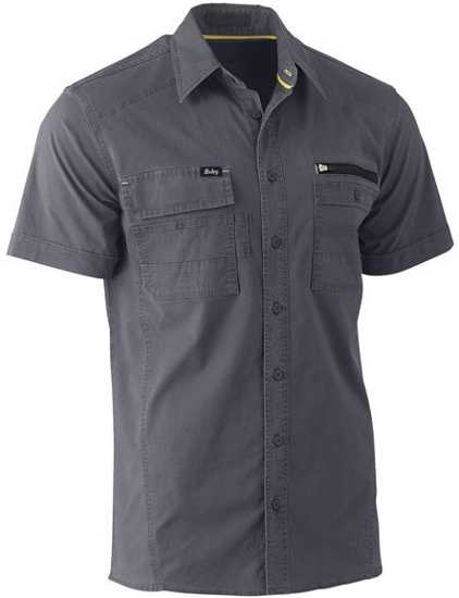 Charcoal Bisley FLX & MOVE Utility Work Shirt in size XS, featuring stretch cotton, UPF 50+, and multifunctional chest pockets.