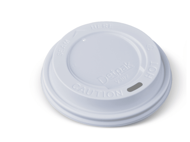 White Detpak hot cup lid for 8, 12, and 16 oz cups; durable, leak-proof design in a case of 1000 for convenient beverage service.