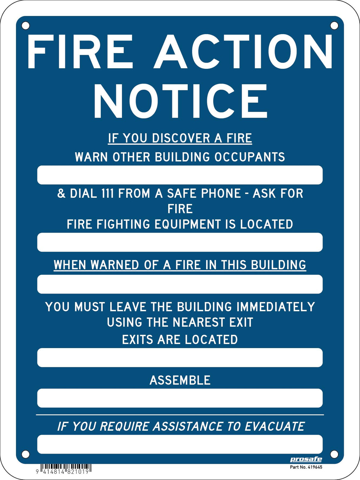 Fire Sign | Fire Action Notice W225mm x H300mm (Single Sided)