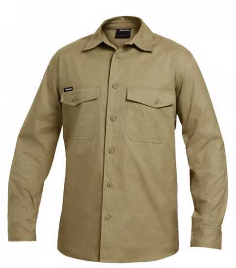 Khaki KingGee Workcool 2 Ripstop Shirt in XL, featuring breathable fabric, cooling vents, and UPF50+ sun protection.