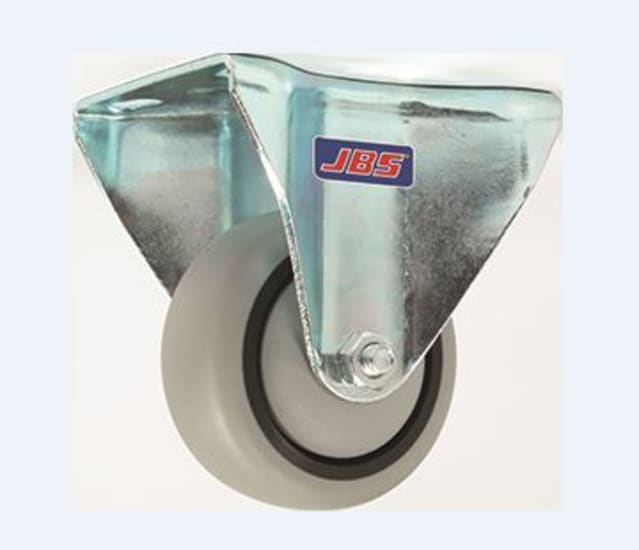 JBS 100mm fixed rubber castor with 80kg capacity, designed for smooth, silent operation and floor protection.