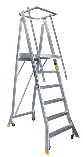 Warthog Folding Aluminium Order Picker with 6 steps, 150kg load rating, safety rails, and quick fold design for easy storage.