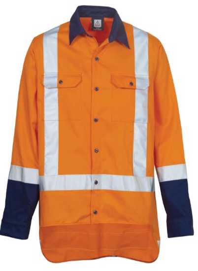 High visibility Workhorse Lightweight TTMC-W17 Shirt in Fluro Orange/Navy, 3XL, 100% cotton, with venting and pocket features.