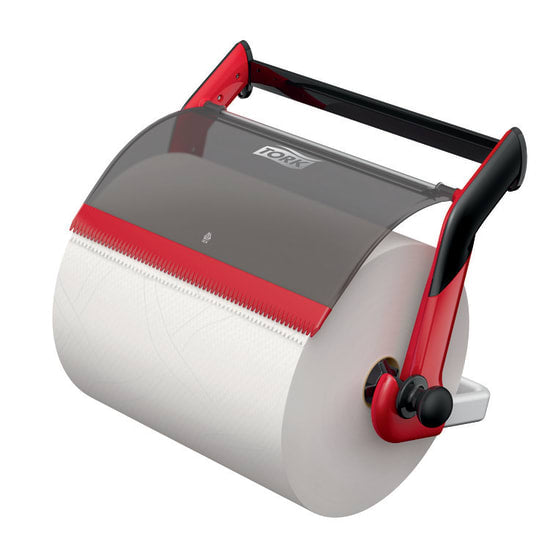 Tork W1 Wall Stand Wipers Roll Dispenser in Red/Black, space-saving design for efficient, hands-free paper dispensing.