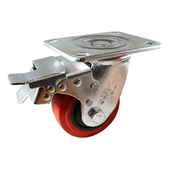 Easyroll 100mm swivel brake castor with durable zinc-plated frame and red urethane tread for industrial mobility and floor protection.