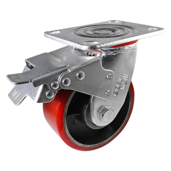 Easyroll 125mm swivel brake castor with 410kg capacity, durable urethane on cast iron for industrial applications.