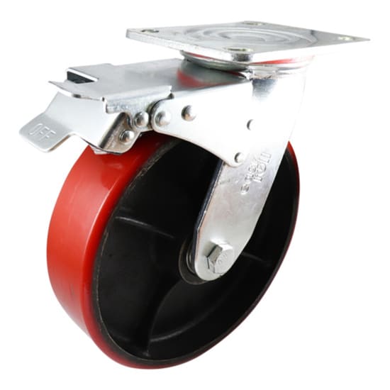 Easyroll 200mm swivel brake castor with 455kg load capacity, durable zinc plated urethane on cast iron for industrial use.