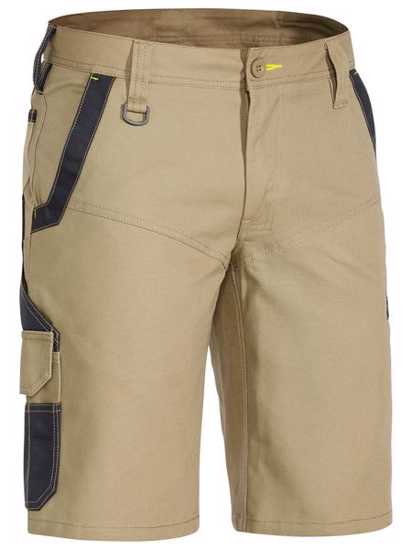 Khaki Bisley FLX & MOVE Stretch Shorts, size 127, featuring a curved waistband and multiple pockets for comfort and utility.
