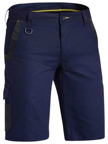 Navy Bisley FLX & MOVE Stretch Shorts (Size 82) highlighting durability, flexibility, and functional pockets for outdoor work.