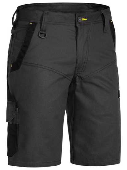 Charcoal Bisley FLX & MOVE Stretch Shorts, featuring a curved waistband, multiple pockets, and stretch fabric for comfort and mobility.