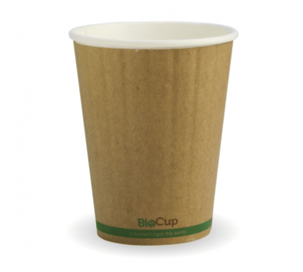 Eco-friendly 12oz double wall coffee cups in kraft with green stripe, ideal for cafés and events, packed in a case of 1000.