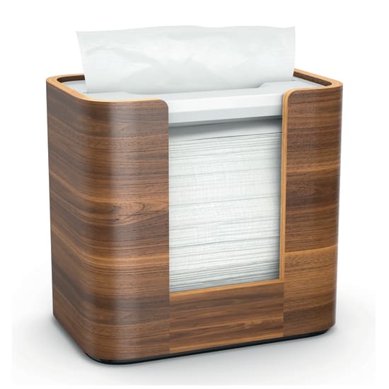 Tork Xpressnap N4 Napkin Dispenser in walnut finish, compact design for easy access and elegant dining enhancement.