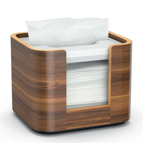 Elegant Tork Xpressnap Napkin Dispenser N10 in walnut, compact design for easy access and minimal table space use.