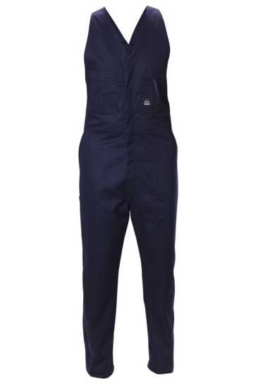 Navy Hard Yakka Easy Action Overalls, size 9, made from durable cotton with multiple pockets and elastic straps for comfort.