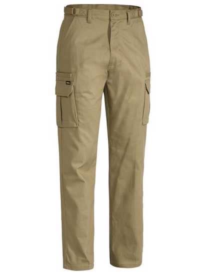 Khaki Bisley cargo pants with 8 pockets, UPF 50+, adjustable waistband, and durable 310gsm cotton for work or outdoor use.