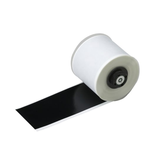 Durable black vinyl tape roll for Handimark printers, ideal for indoor/outdoor labeling and resistant to moisture and fading.