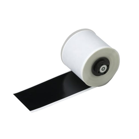 Durable black vinyl tape roll for Handimark printers, ideal for indoor/outdoor labeling and resistant to moisture and fading.