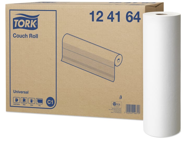 Tork C1 Universal Couch Roll in white, 58cm x 185m, eco-friendly and perforated for hygiene in professional settings.