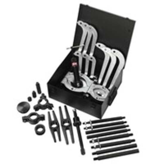 Toledo Puller/Bearing Separator Master Kit with 29 pieces for hydraulic and mechanical applications, in a heavy-duty storage box.