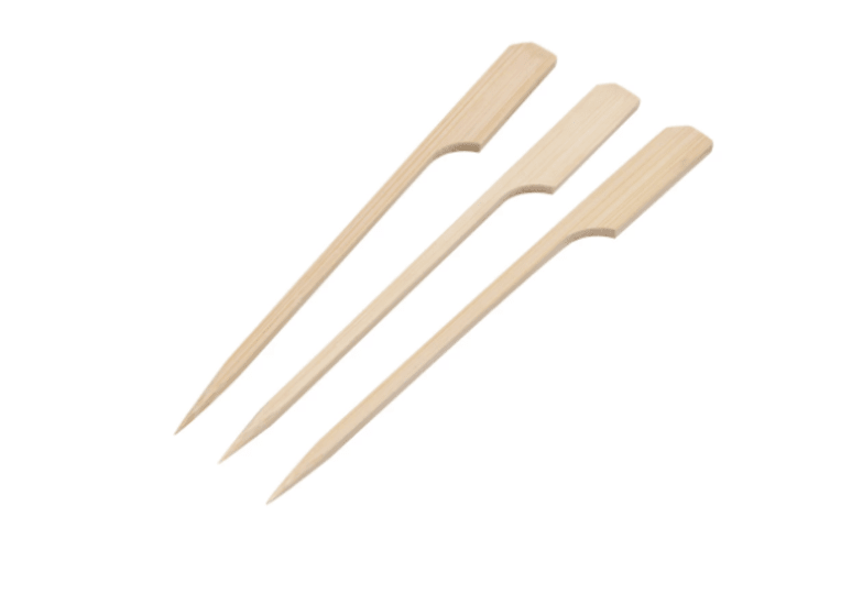 Flat top bamboo skewers with paddle design, 9cm long, eco-friendly, 1000 pieces, perfect for catering and events.