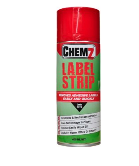 Chemz Label Strip-400ml bottle for easy label removal on various surfaces without damage or residue.