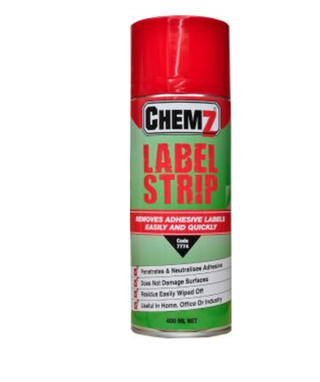 Chemz Label Strip-400ml bottle for easy label removal on various surfaces without damage or residue.