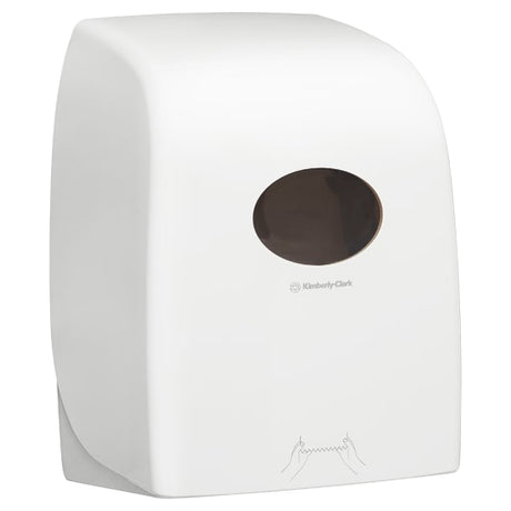 Aquarius Hard Roll Dispenser with sleek design, touchless compatibility, promotes hygiene by dispensing one sheet at a time.