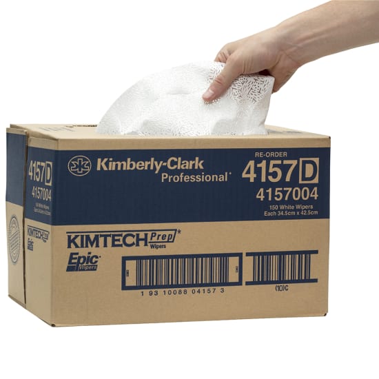 Wypall Epic Box Wipers 4157: 150 white cleaning cloths, 42x34.5 cm, durable, absorbent, single wiper dispensing for hygiene.