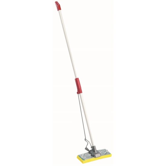 Heavy-duty Mopamatic 4pin sponge mop with wide head, steel squeeze mechanism, and non-slip grips for efficient floor cleaning.