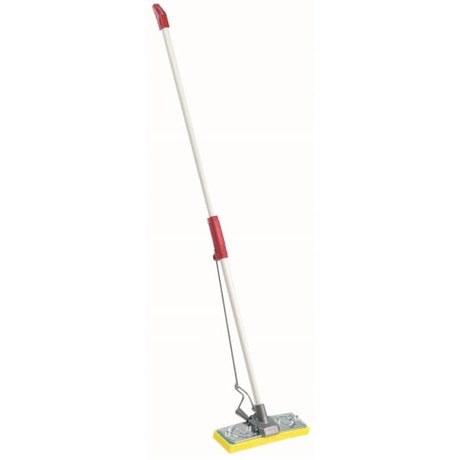 Heavy-duty Mopamatic 4pin sponge mop with wide head, steel squeeze mechanism, and non-slip grips for efficient floor cleaning.
