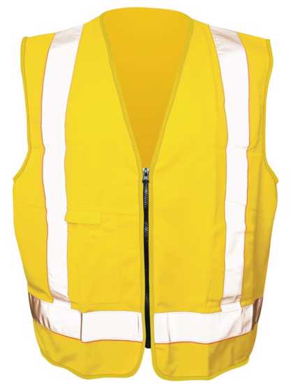 Fluro yellow medium safety vest with zip closure, multiple pockets, and high visibility for outdoor work.