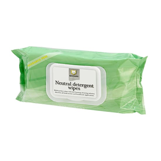 Reynard Neutral Detergent Wipes packet containing 50 fragrance-free wipes for effective surface cleaning in food prep areas.