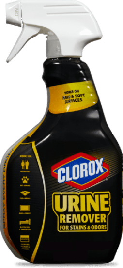 Clorox Urine Remover 946ml bottle, designed to eliminate tough stains and odors from various surfaces in homes with pets.