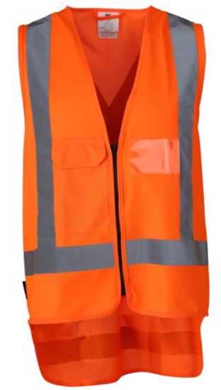 Bright orange XS X-back safety vest with ID holder, external phone pocket, meets high visibility safety standards.