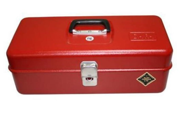 SAFA Red Pressbox Lift Out Tray in red, made from heavy gauge steel, features a strong lockable catch and smooth hinge for organization.