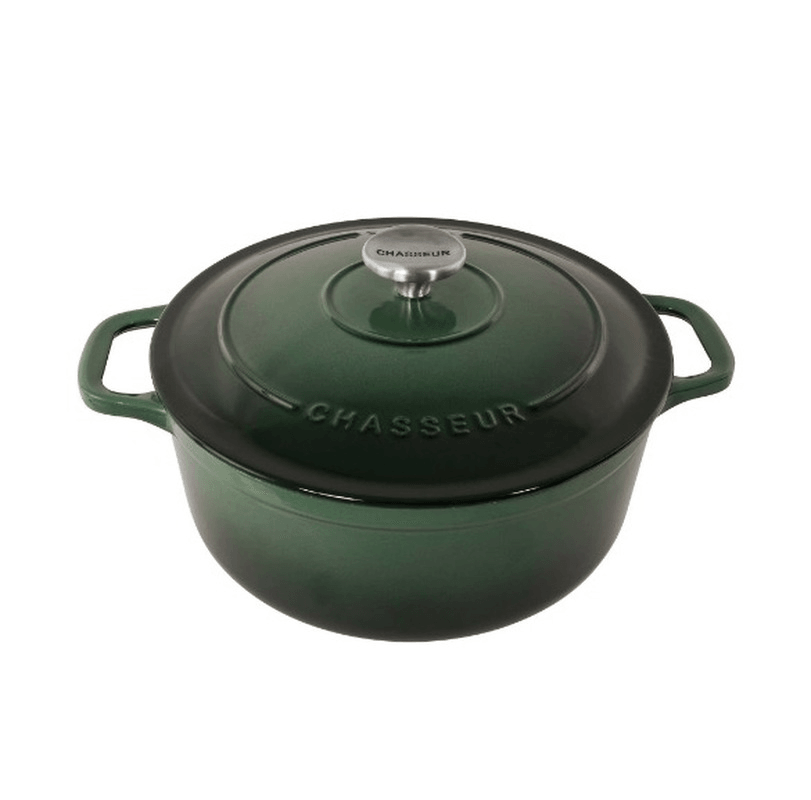 Chasseur 28 Round Oven in Forest color, durable cast iron, non-porous enameled finish, stylish handles, ideal for versatile cooking.