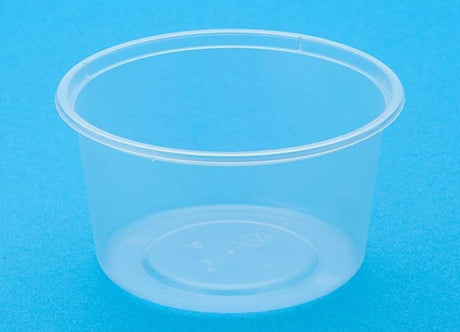 Clear round plastic container pack of 50, 440ml each, microwave-safe, durable, enhances food presentation, ideal for storage and meal prep.