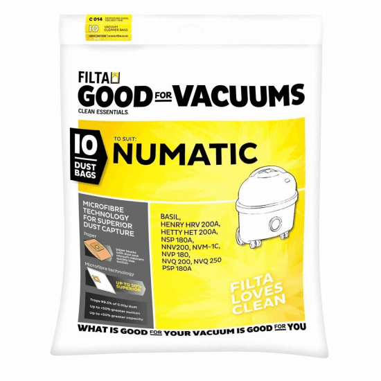 Filta C014 vacuum bags for Numatic 9L, 10-pack designed for optimal cleaning and allergen filtration.