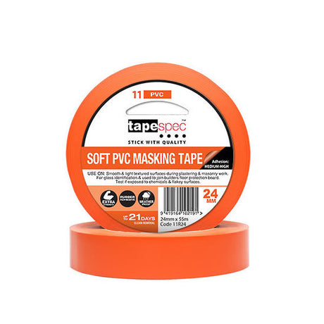 Bright orange Soft PVC masking tape (18mm x 55m) for painting, offers UV resistance and clean removal without residue.