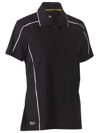 Lightweight women's black polo with breathable mesh, reflective piping, and quick-dry fabric, size 16 for comfort and style.