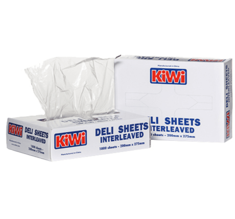Kiwi Greaseproof Deli Plastic Sheets, 200 x 275mm, pack of 1000 for versatile food wrap and easy release handling.