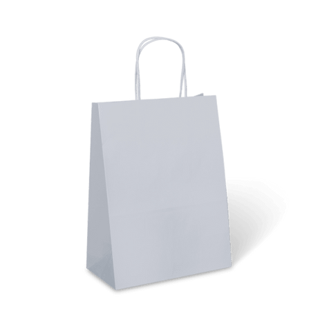 White #10 small paper bag with twist handles, perfect for gifts and retail, eco-friendly, sturdy, and stands upright for easy filling.