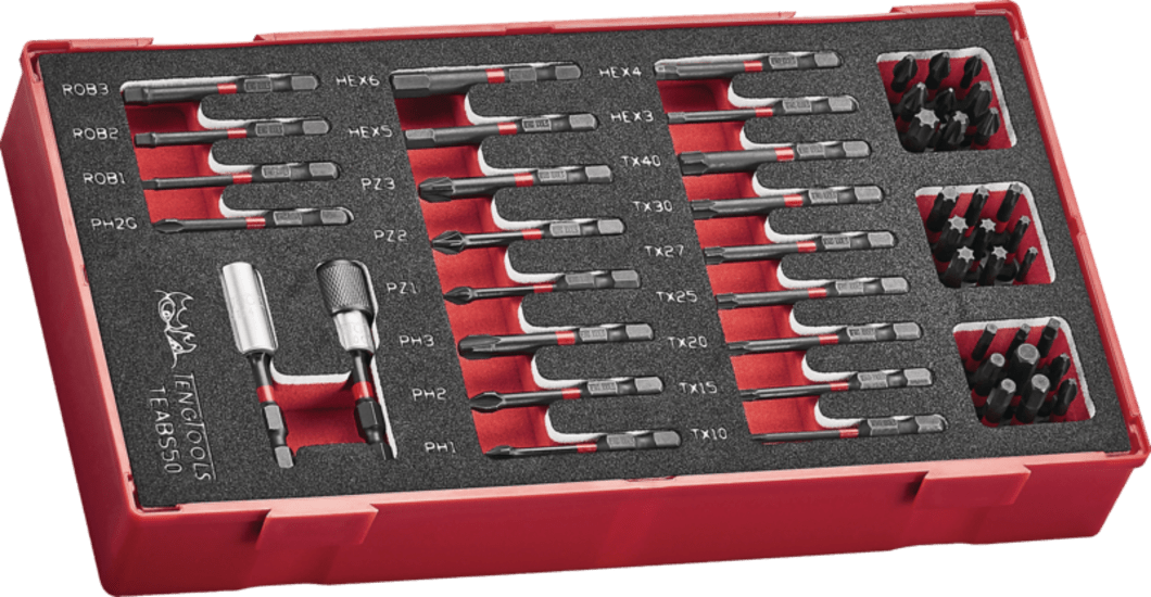 Teng 50pc Impact Bits Set featuring TC-Tray for organization, includes diverse bits and magnetic holders for efficient use.