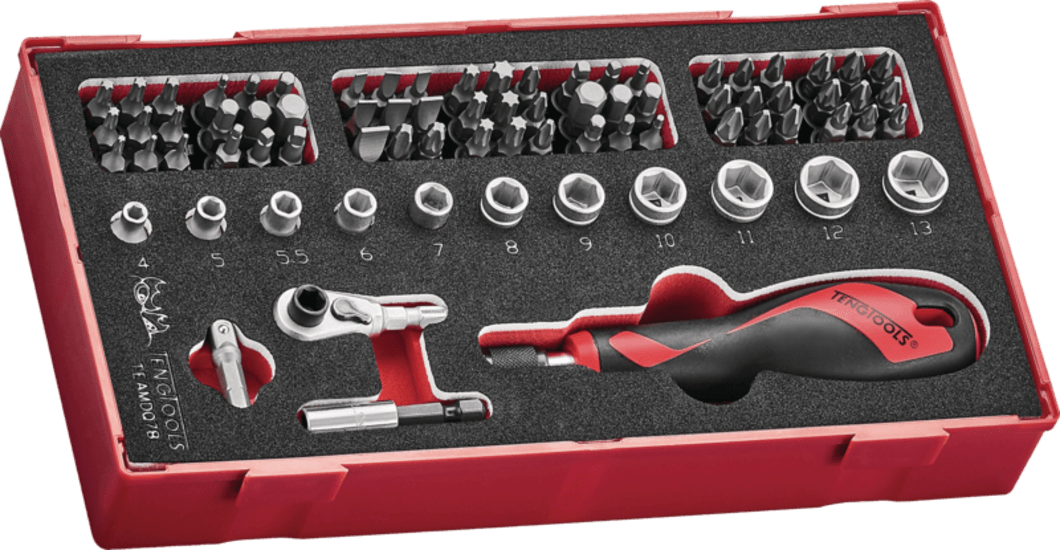 Teng 78Pc Bits Driver Set in a modular tray, featuring various bits and sockets organized for efficient DIY and professional use.