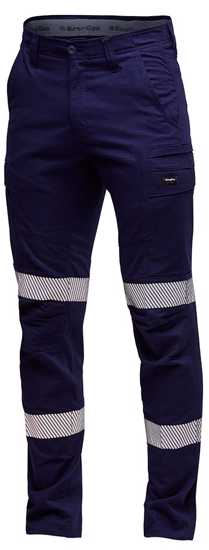KingGee navy work pants in size 97 with stretch fabric, cooling vents, and reflective tape for comfort and safety.