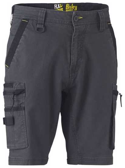 Charcoal utility zip shorts with antibacterial treatment, multiple pockets, and stretch fabric for comfort and durability.