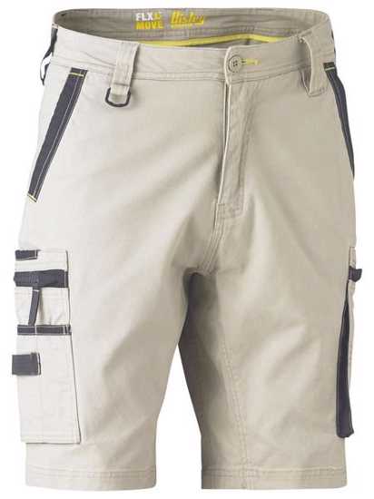 Bisley FLX & MOVE Stretch Utility Zip Shorts in stone, size 122, featuring durable fabric and multiple functional pockets.