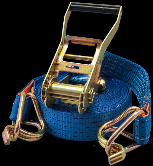High-strength 50mm x 9m ratchet tiedown with steel hook, securely holds loads up to 2500kg for safe transport.